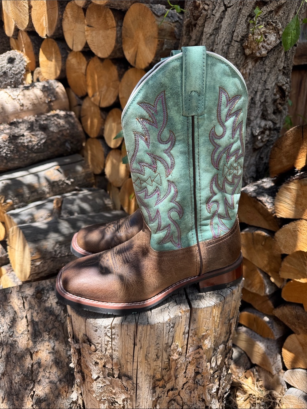 Laredo Brown Leather Foot and Mint Green Stitch Shaft Heeled Cowboy Boots